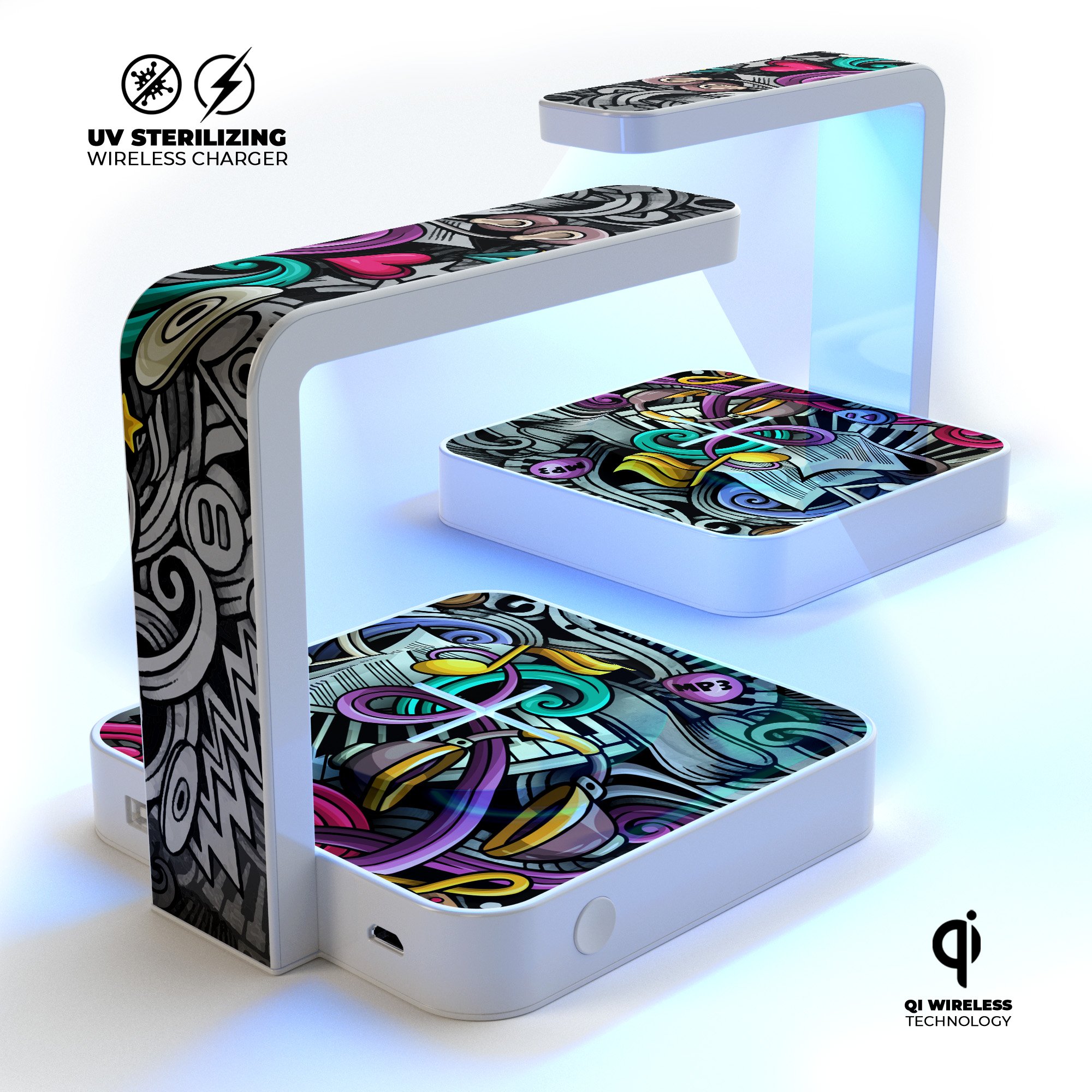 Abstract Cartoon Music Doodles UV Germicidal Sanitizing Sterilizing charger with a decorative skin, showcasing its wireless charging and sterilizing features.